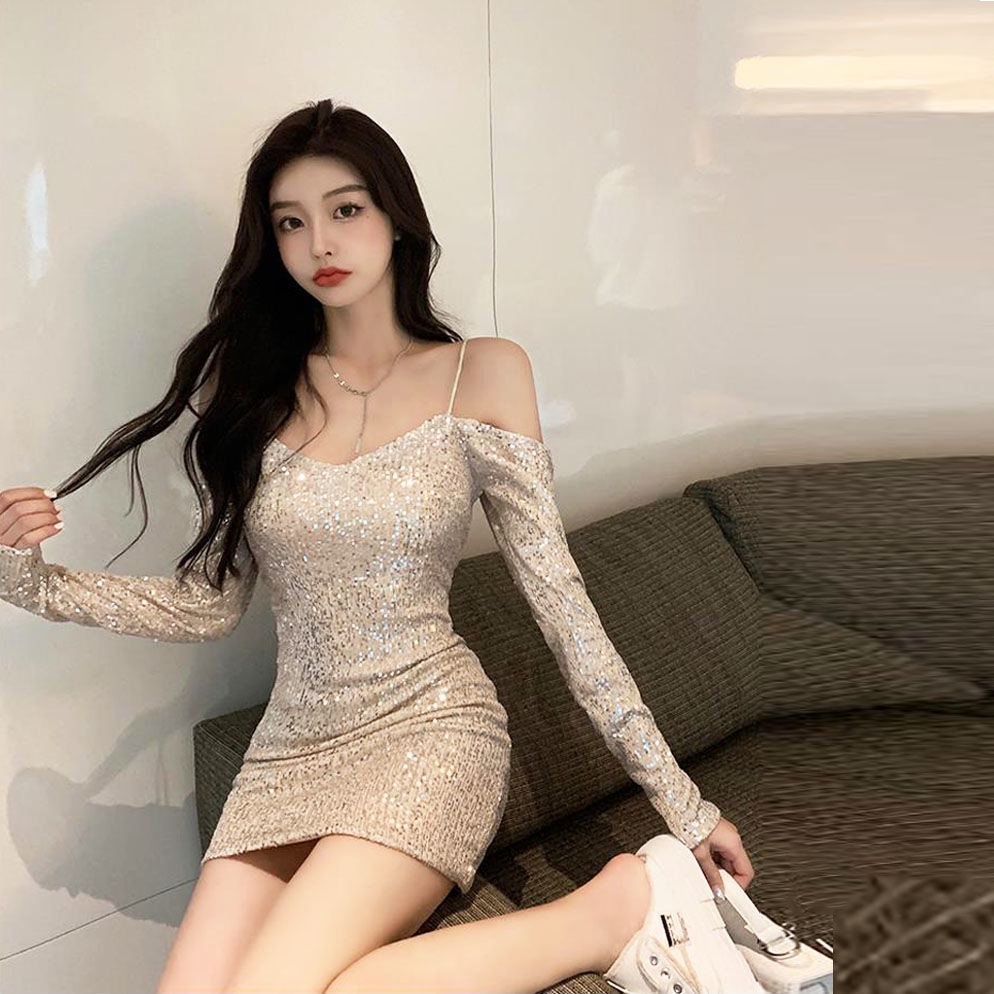 Jiashucheng Đầm Trễ Vai Dáng Ôm Đính Kim Sa Lấp Lánh Thời Trang Xuân Hè Cao Cấp