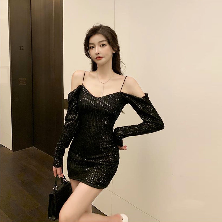 Jiashucheng Đầm Trễ Vai Dáng Ôm Đính Kim Sa Lấp Lánh Thời Trang Xuân Hè Cao Cấp