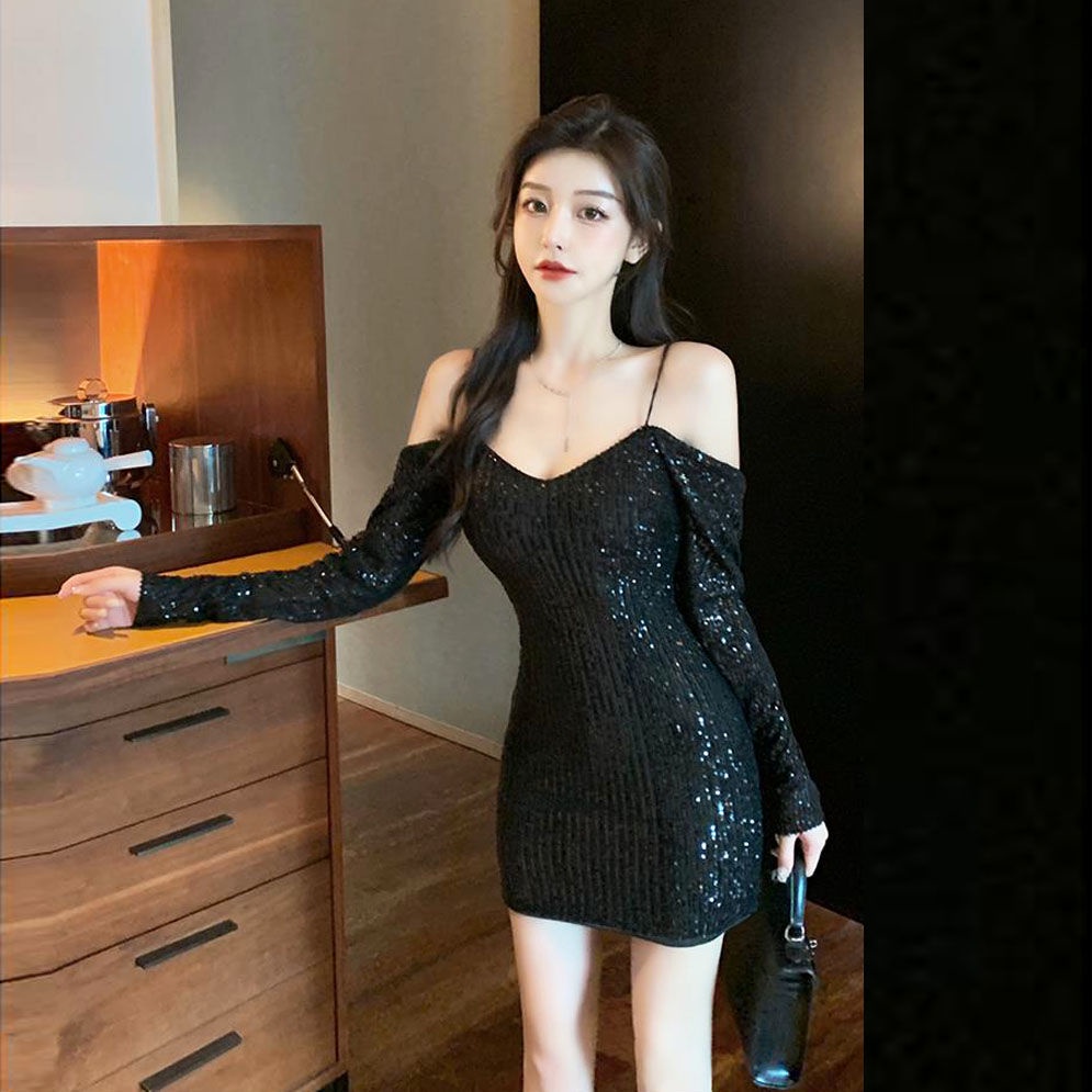 Jiashucheng Đầm Trễ Vai Dáng Ôm Đính Kim Sa Lấp Lánh Thời Trang Xuân Hè Cao Cấp