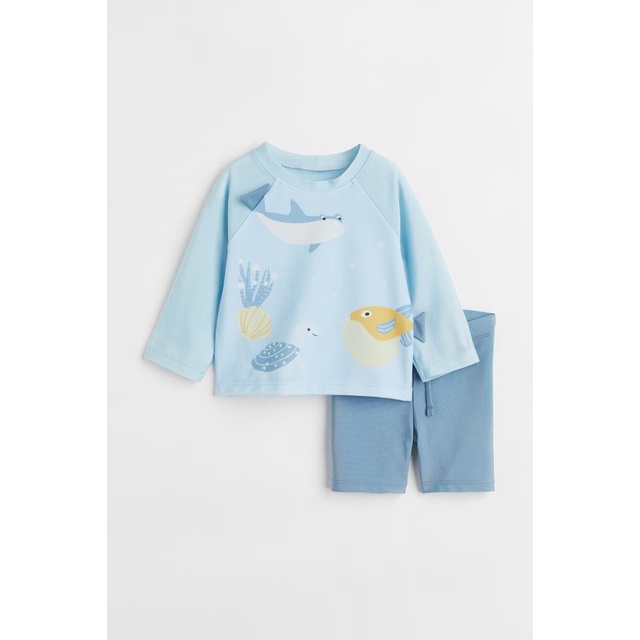 Bộ bơi rời Hm dài tay màu xanh hình rùa cá size 3m - 4y