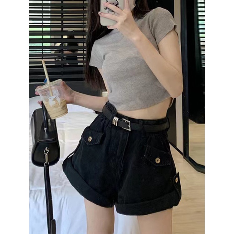 Jiashucheng Quần Short Denim Lưng Cao Ống Rộng Xoăn Cỡ Lớn Phong Cách Retro Mùa Hè Bán Chạy Cho Nữ