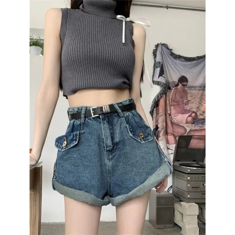 Jiashucheng Quần Short Denim Lưng Cao Ống Rộng Xoăn Cỡ Lớn Phong Cách Retro Mùa Hè Bán Chạy Cho Nữ