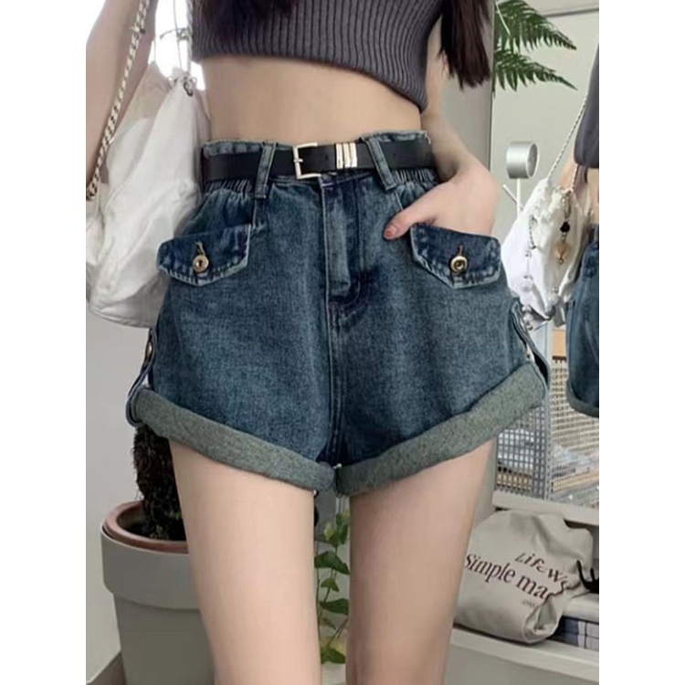 Jiashucheng Quần Short Denim Lưng Cao Ống Rộng Xoăn Cỡ Lớn Phong Cách Retro Mùa Hè Bán Chạy Cho Nữ