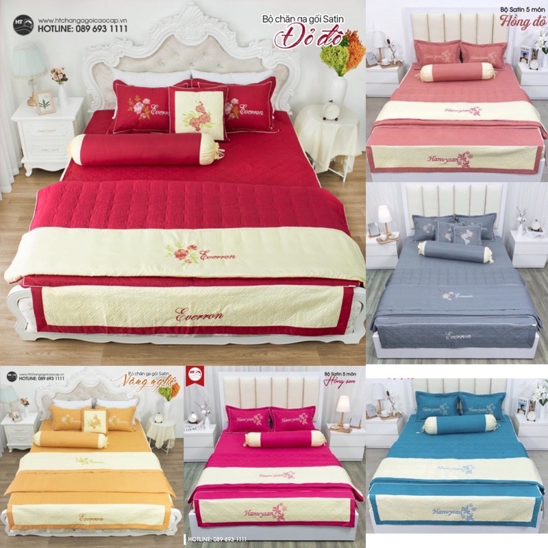 BỘ 3 MÓN GA GỐI DRAP MỀN CƯỚI SATIN COTTON TRẦN THÊU SIÊU ĐẸP
