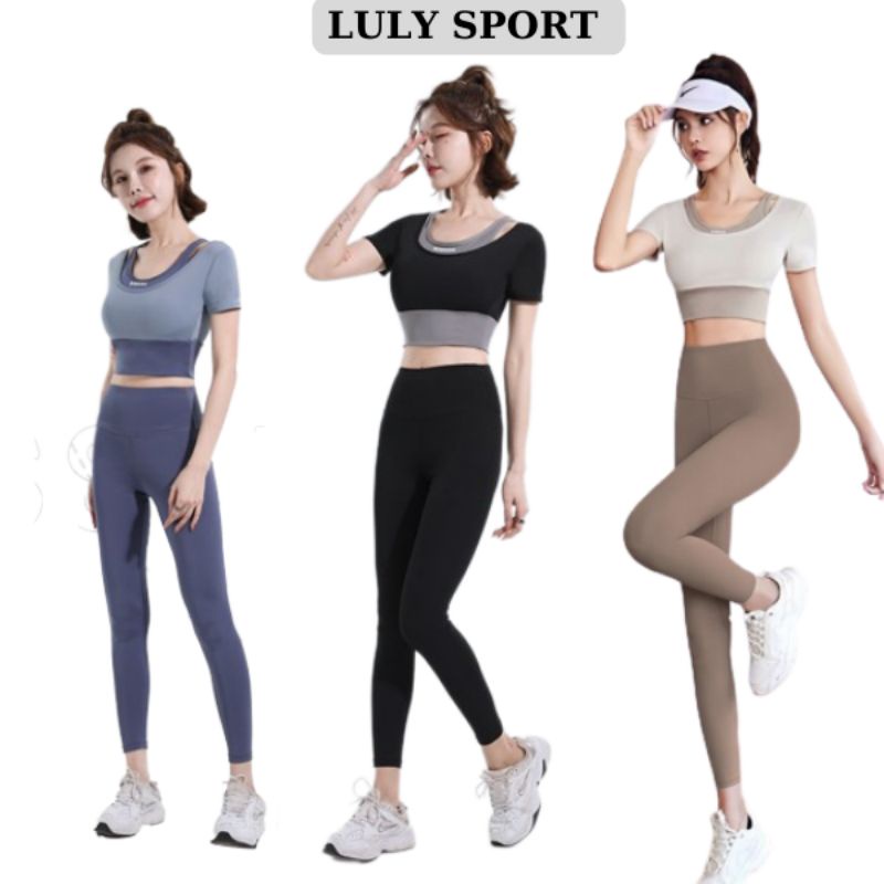 Đồ tập Gym nữ LULY SPORT, áo ngắn tay kèm mút ngực,hàng QC co giãn tốt