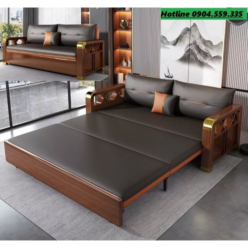 Sofa giường đa năng tay gỗ có ngăn chứa đồ hàng nhập khẩu cao cấp