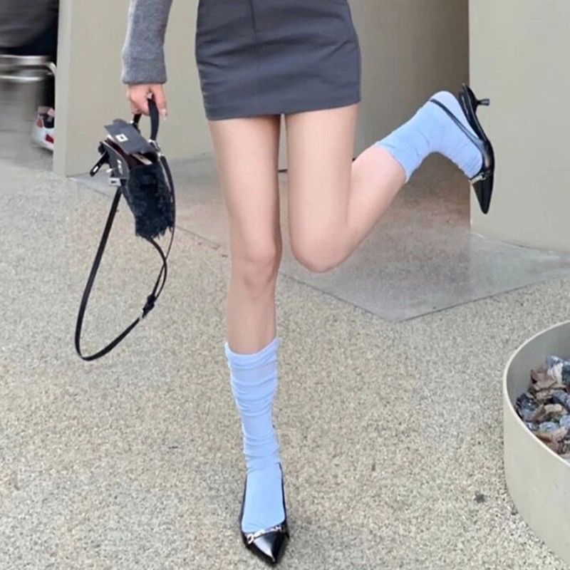 White jk Pile Tất Bắp Chân Dài Qua Gối Siêu Mỏng Thời Trang Mùa Hè Màu Trắng Thuần Khiết Phong Cách Desire @ -