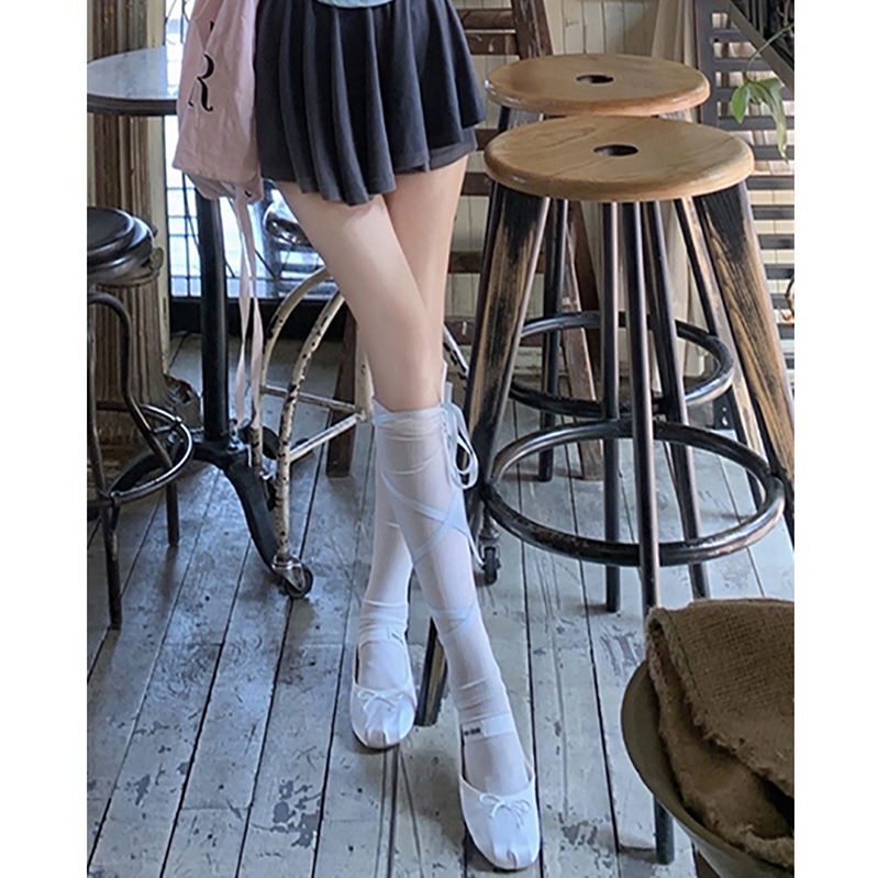 White jk Pile Tất Bắp Chân Dài Qua Gối Siêu Mỏng Thời Trang Mùa Hè Màu Trắng Thuần Khiết Phong Cách Desire @ -