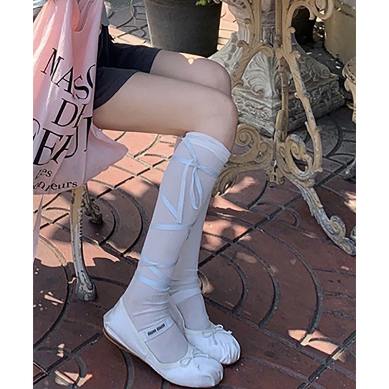 White jk Pile Tất Bắp Chân Dài Qua Gối Siêu Mỏng Thời Trang Mùa Hè Màu Trắng Thuần Khiết Phong Cách Desire @ -