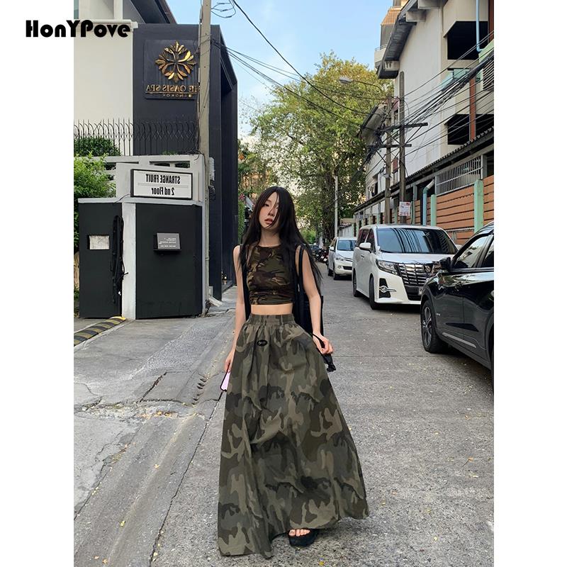 Honypove Chân Váy Xòe Họa Tiết Camo Thời Trang Cá Tính Cho Nữ