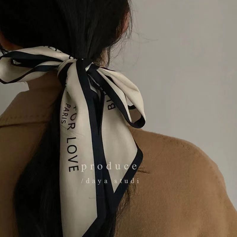 Khăn Choàng Lụa Cao Cấp Dáng Dài Hẹp In Chữ Đơn Giản Thanh Lịch Phong Cách retro Pháp Dễ Phối Đồ