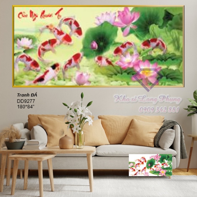 (Kho sỉ) Tranh đính đá Cao Cấp Cửu Ngư Quần Hội , Cá Chép Hoa Sen D9277 :180x84 cm( chưa đính)