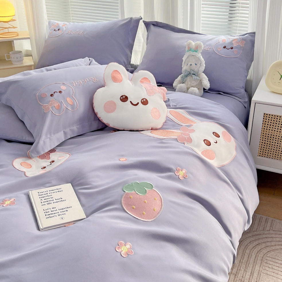 Bộ Chăn Ga Gối Cotton Đũi Thêu Thỏ Con Xinh Xắn (Tặng Kèm Thỏ Bông)