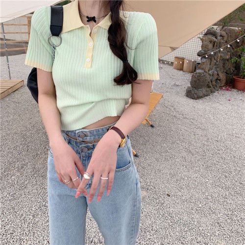 Áo Thun polo Dệt Kim Tay Ngắn Dáng Ôm Thiết Kế Mới Cho Nữ
