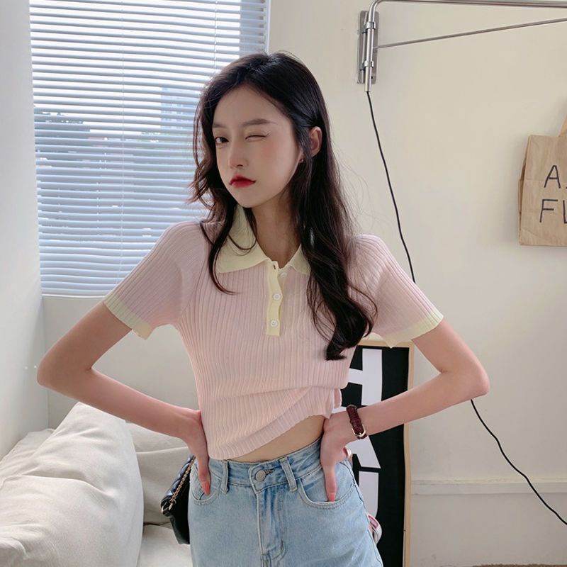 Áo Thun polo Dệt Kim Tay Ngắn Dáng Ôm Thiết Kế Mới Cho Nữ