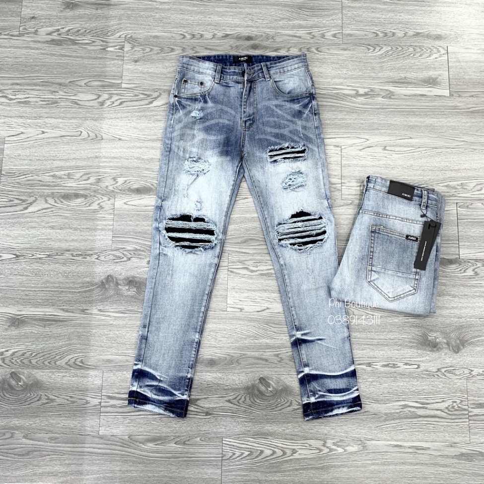 Quần jean skinny Amiri nam likeauth wash đen xám rách vá da nhăn đen thỏ Playboy đùi gối ống xếp sóng