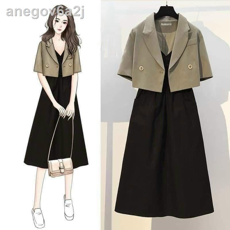 ▫₪♠Sét vest croptop phối nút kèm váy 2 dây xòe dáng dài đậm chất Vintage sang chảnh thời trang nữ cho quý cô d
