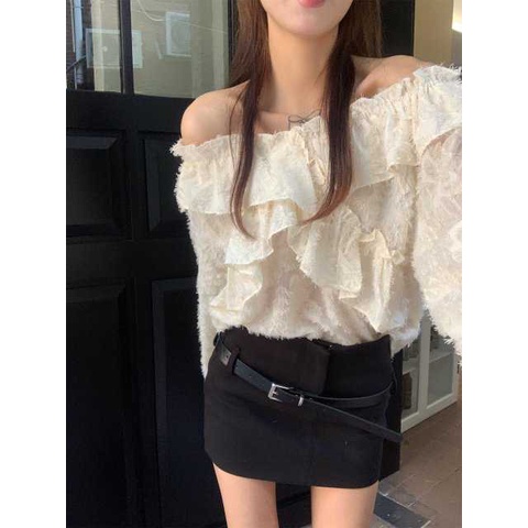 Áo Kiểu Trễ Vai Tay Dài Dáng Rộng Phong Cách Pháp Thời Trang Cho Nữ