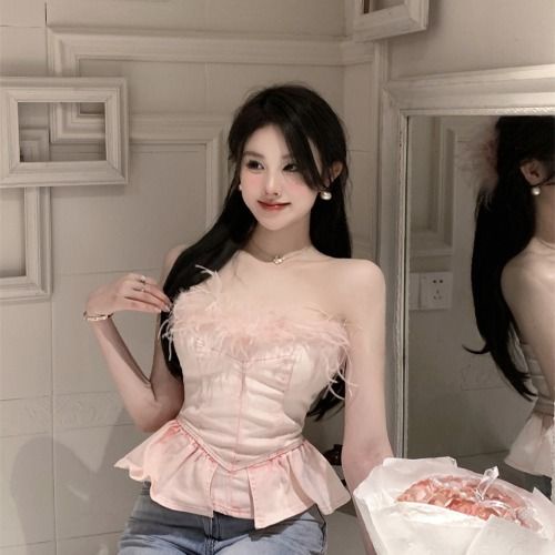 Áo Ống Ngắn Dáng Ôm Phối Lông Xù Quyến Rũ Hợp Thời Trang