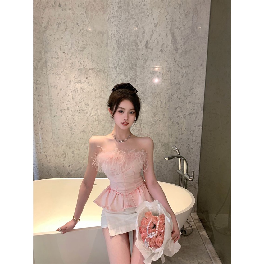 Áo Ống Ngắn Dáng Ôm Phối Lông Xù Quyến Rũ Hợp Thời Trang