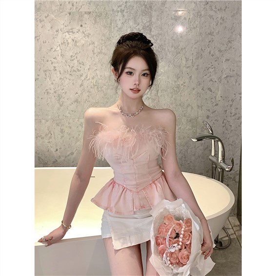 Áo Ống Ngắn Dáng Ôm Phối Lông Xù Quyến Rũ Hợp Thời Trang