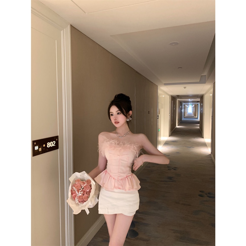 Áo Ống Ngắn Dáng Ôm Phối Lông Xù Quyến Rũ Hợp Thời Trang