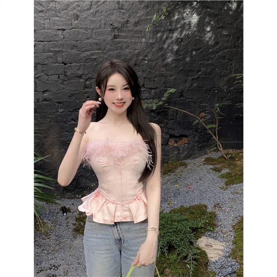 Áo Ống Ngắn Dáng Ôm Phối Lông Xù Quyến Rũ Hợp Thời Trang