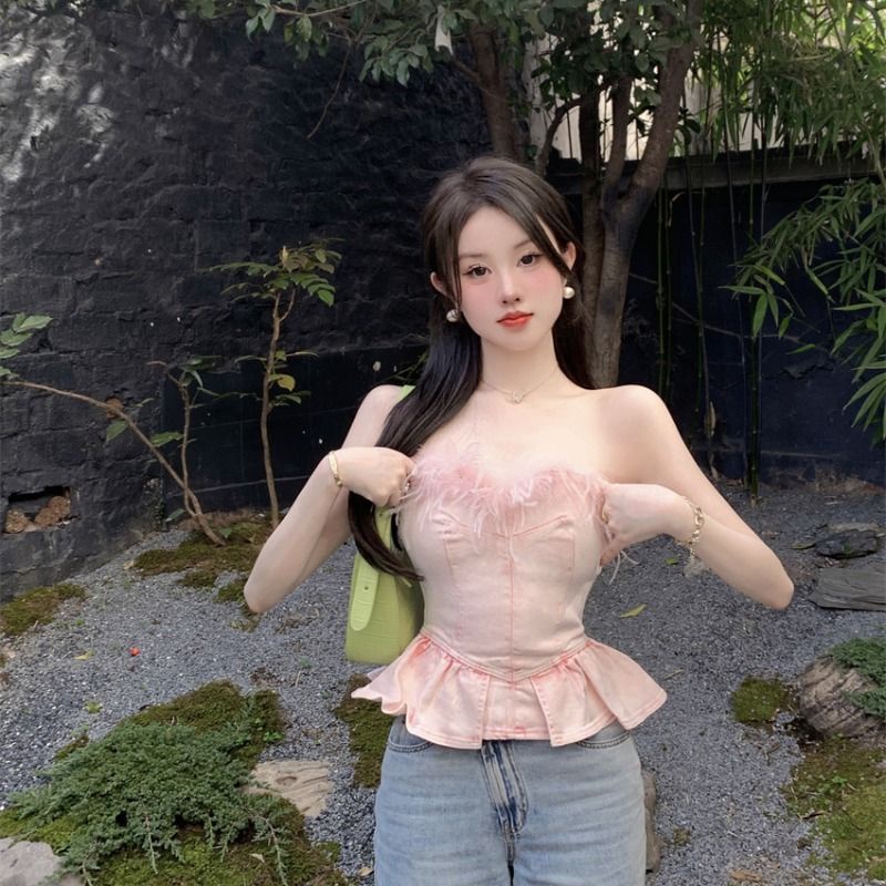 Áo Ống Ngắn Dáng Ôm Phối Lông Xù Quyến Rũ Hợp Thời Trang