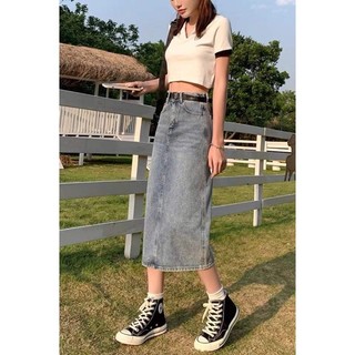 Chân Váy Jean Dáng Dài Basic Xẻ Tà