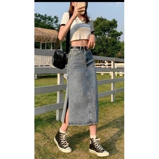 Chân Váy Jean Dáng Dài Basic Xẻ Tà