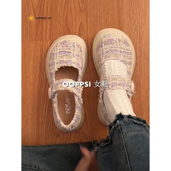 Giày Mary Jane Mùa Xuân 2023 Phong Cách Pháp Cổ Điển Có Quai Dán Miệng Nông Dễ Phối Đồ Cho Nữ