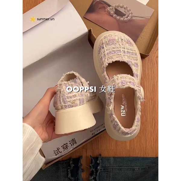 Giày Mary Jane Mùa Xuân 2023 Phong Cách Pháp Cổ Điển Có Quai Dán Miệng Nông Dễ Phối Đồ Cho Nữ