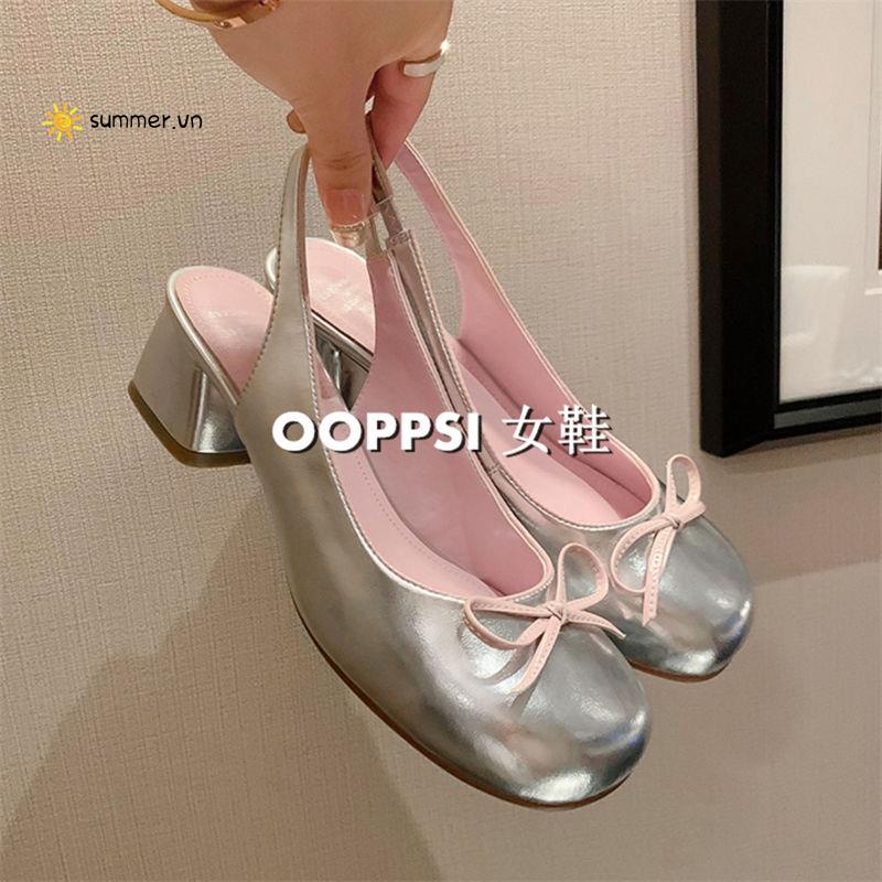 Giày Sandal Cao Gót Hở Mũi Đính Nơ Sau Lưng Phong Cách Pháp Cổ Điển Thời Trang Mùa Hè Cho Nữ