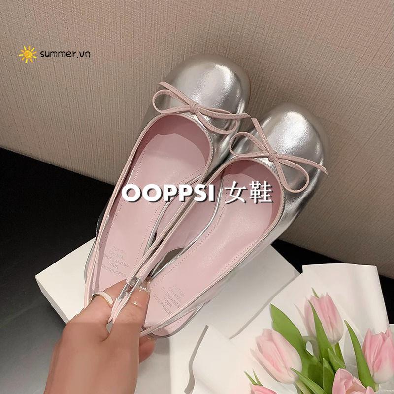 Giày Sandal Cao Gót Hở Mũi Đính Nơ Sau Lưng Phong Cách Pháp Cổ Điển Thời Trang Mùa Hè Cho Nữ