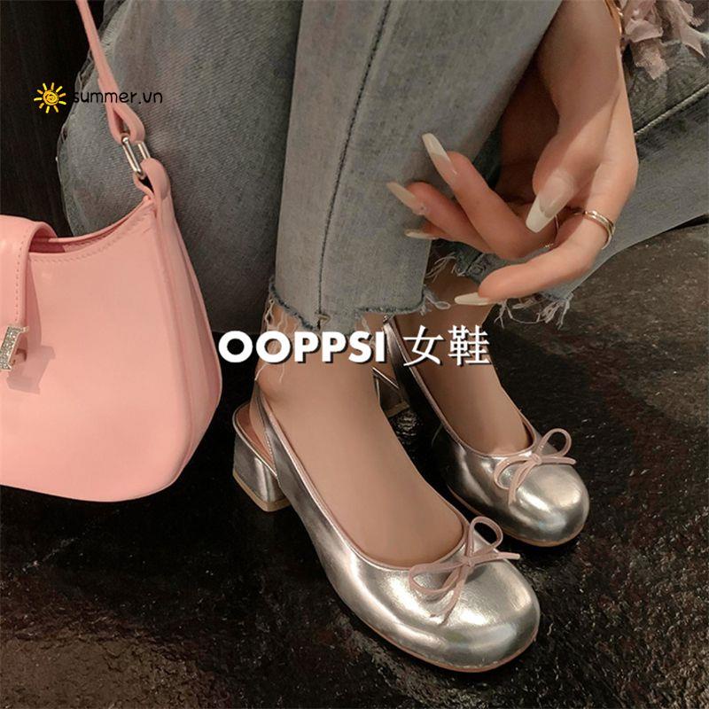 Giày Sandal Cao Gót Hở Mũi Đính Nơ Sau Lưng Phong Cách Pháp Cổ Điển Thời Trang Mùa Hè Cho Nữ