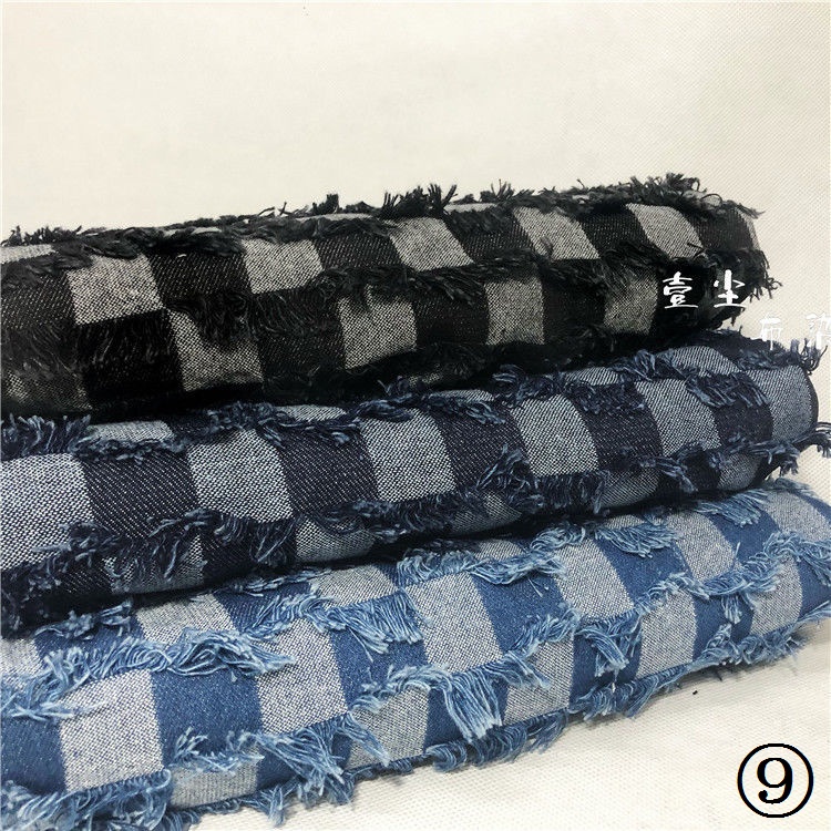 Tấm Vải Denim Họa Tiết Sọc Caro Phối Tua Rua Dùng May Quần Áo DIY