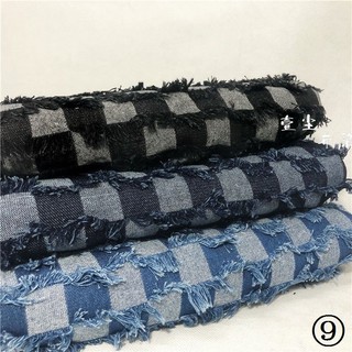 Tấm Vải Denim Họa Tiết Sọc Caro Phối Tua Rua Dùng May Quần Áo DIY