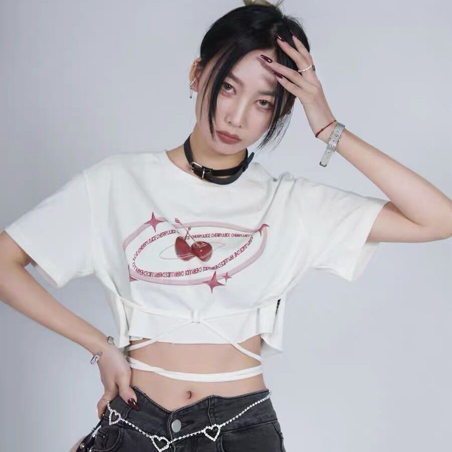 Jiashucheng Áo Thun Ngắn Tay Dáng Rộng Cột Dây Thời Trang Mùa Hè Quyến Rũ Cho Nữ