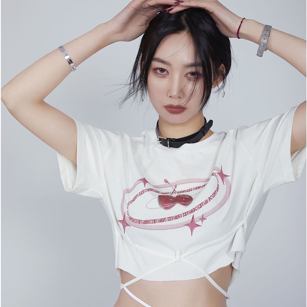 Jiashucheng Áo Thun Ngắn Tay Dáng Rộng Cột Dây Thời Trang Mùa Hè Quyến Rũ Cho Nữ