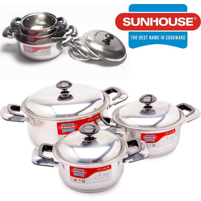 Nồi inox Sunhouse 3 đáy đa năng SH224 , Bộ 3 Nồi inox Sunhouse cao cấp bền bỉ Sử dụng đa dạng mọi loại bếp Huy store