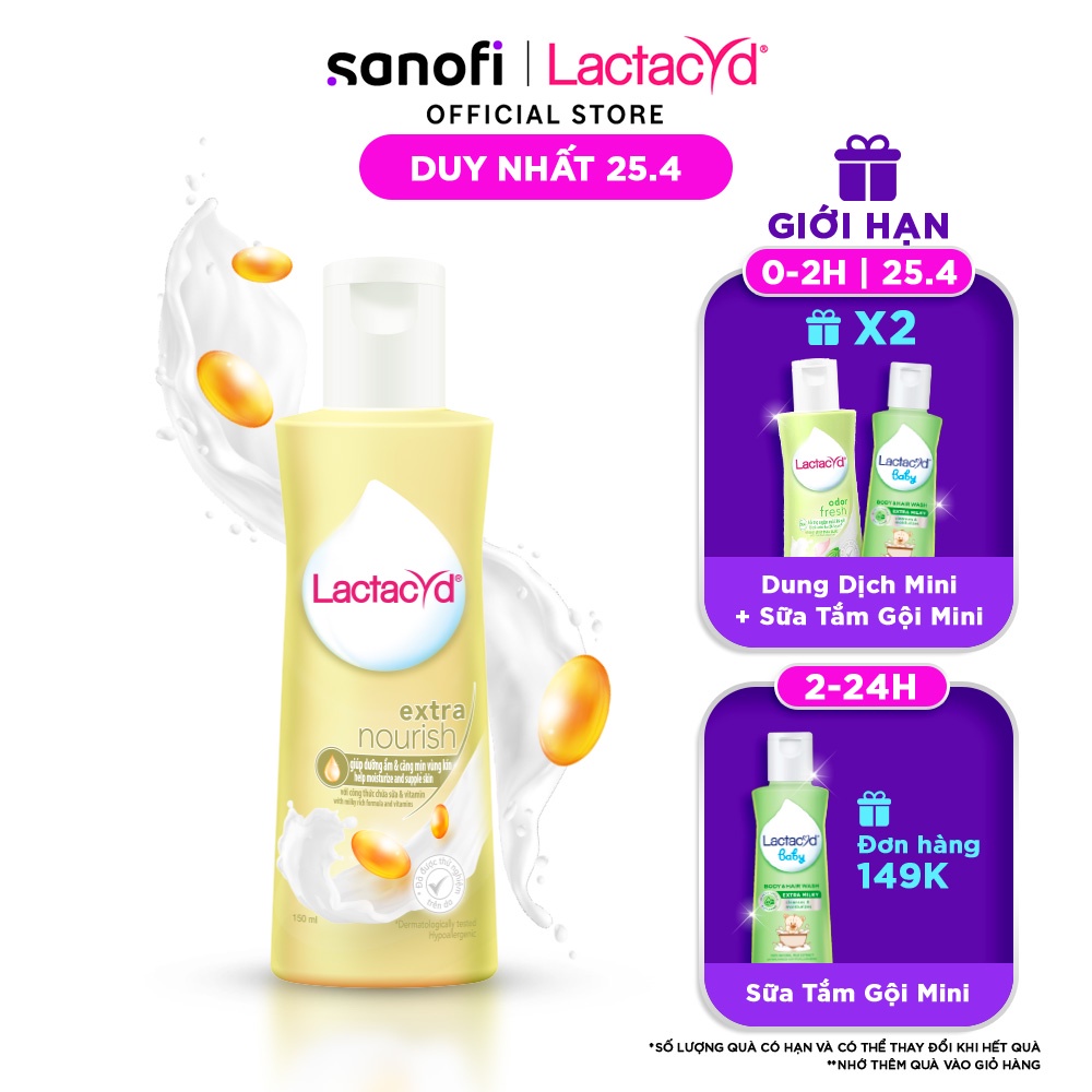 Dung dịch vệ sinh phụ nữ Lactacyd Extra Nourish Dưỡng Ẩm và Căng Mịn 150ml