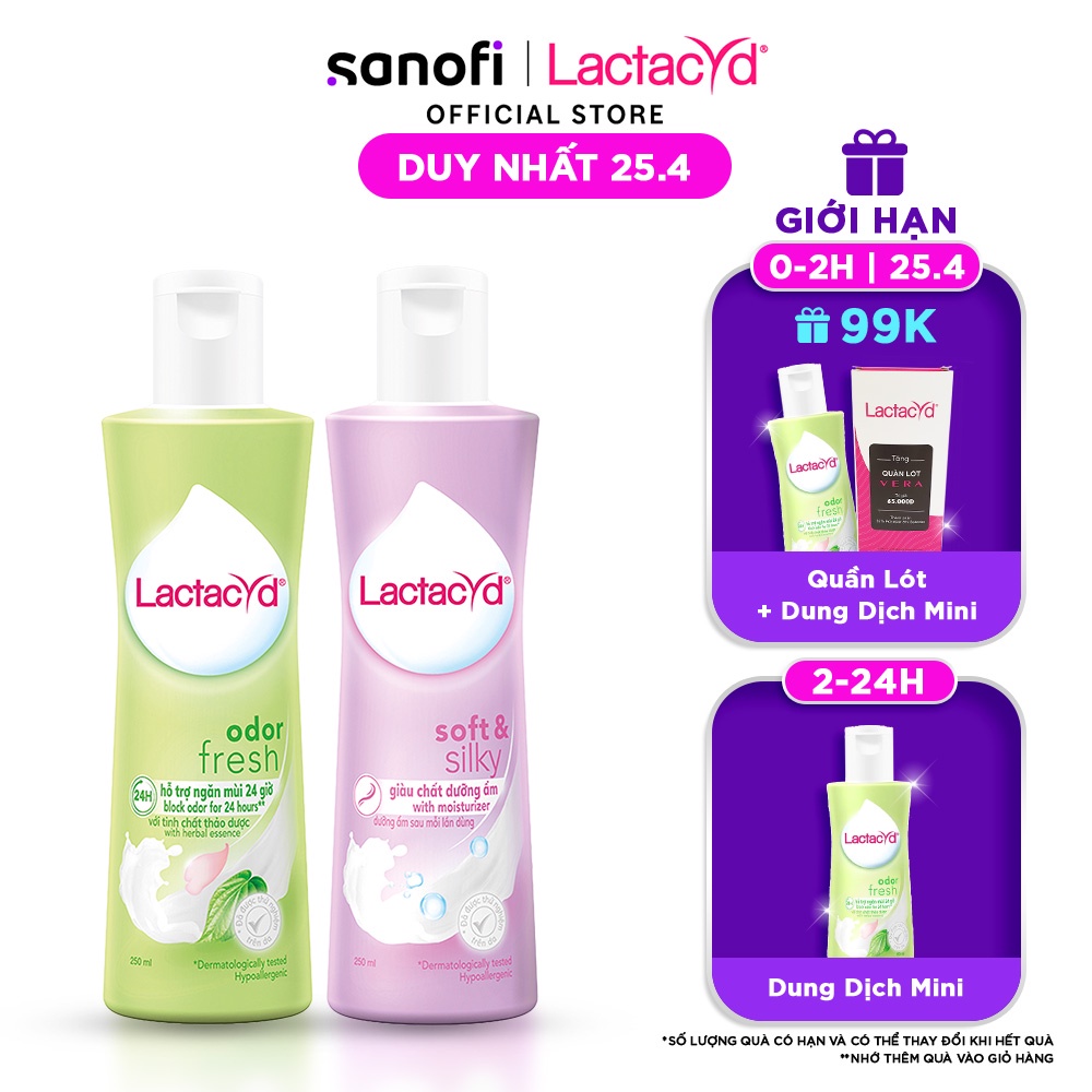 Bộ Dung Dịch Vệ Sinh Phụ Nữ Lactacyd Soft & Silky Dưỡng Ẩm 250ml + Odor Fresh Ngăn Mùi 24H 250ml