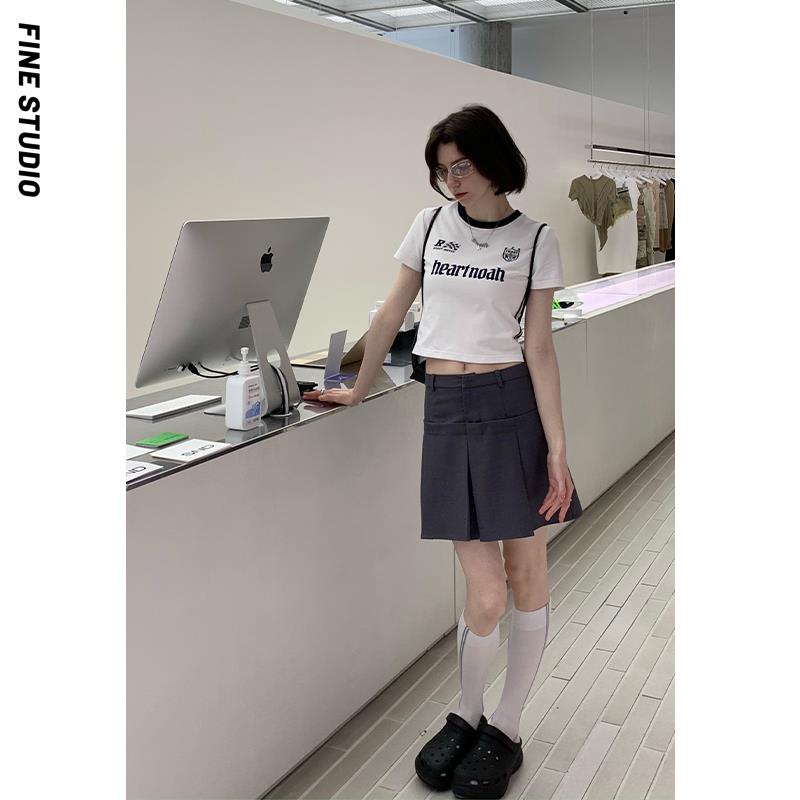 Chân Váy Chữ A Xếp Ly Lưng Thấp Màu Xám Phong Cách Mỹ Thời Trang Mùa Hè Cho Nữ