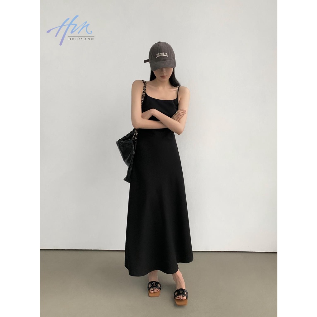 Đầm Dài Hai Dây Màu Đen Phong Cách Thời Trang Pháp 2023 Dành Cho Nữ