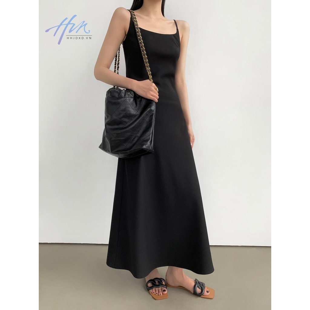 Đầm Dài Hai Dây Màu Đen Phong Cách Thời Trang Pháp 2023 Dành Cho Nữ