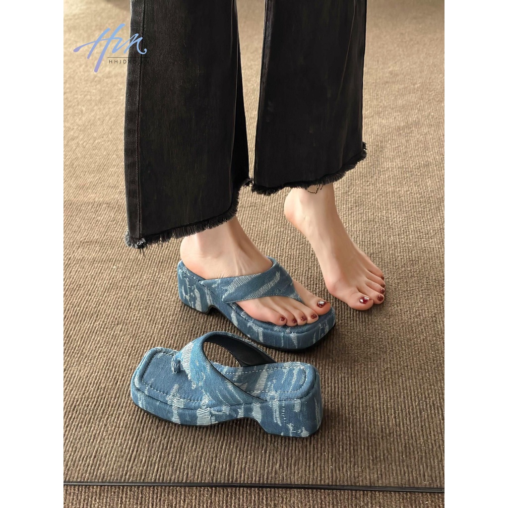 Dép Xỏ Ngón Đế Xuồng Vải Denim Dày Dặn Phong Cách Cổ Điển Thời Trang Mùa Hè Dành Cho Nữ