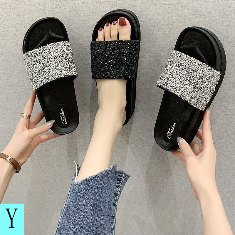 Sandal Đế Xuồng Dày Cao Gót Mùa Hè Đính Đá Kim Sa Phong Cách Mới 2023 Cho Nữ