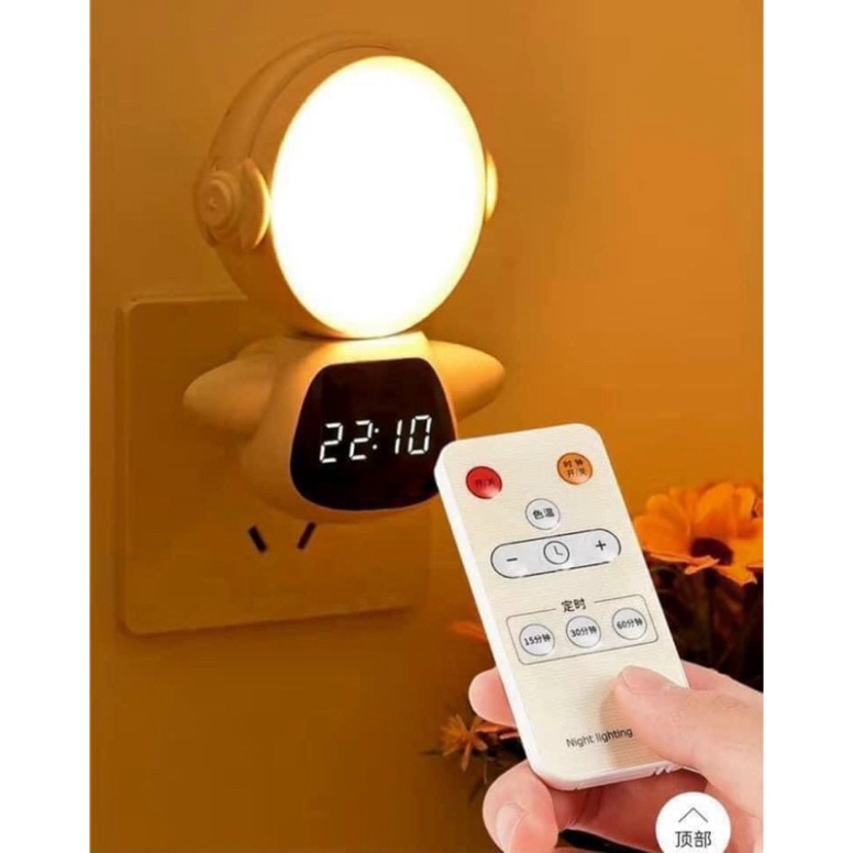 Đèn ngủ phi hành gia tích hợp đồng hồ điện tử có điều khiển từ xa, tiện lợi siêu kute