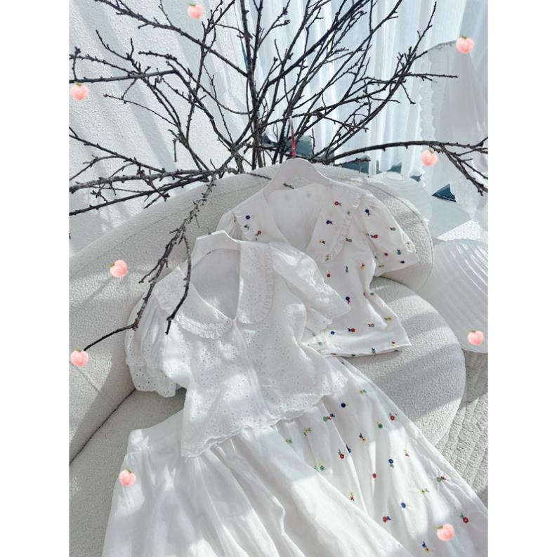 SET ÁO CROPTOP CỔ SEN TAY PHỒNG KÈM CHÂN VÁY XOÈ MIDI XÔ REN vani