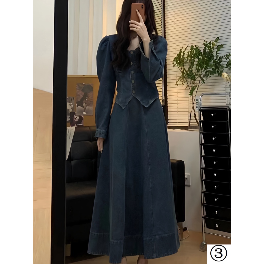 Bộ Áo Denim Tay Phồng Phối Chân Váy Denim Dài Ôm Dáng Kiểu Retro Thời Trang Mùa Xuân 2023 Mới